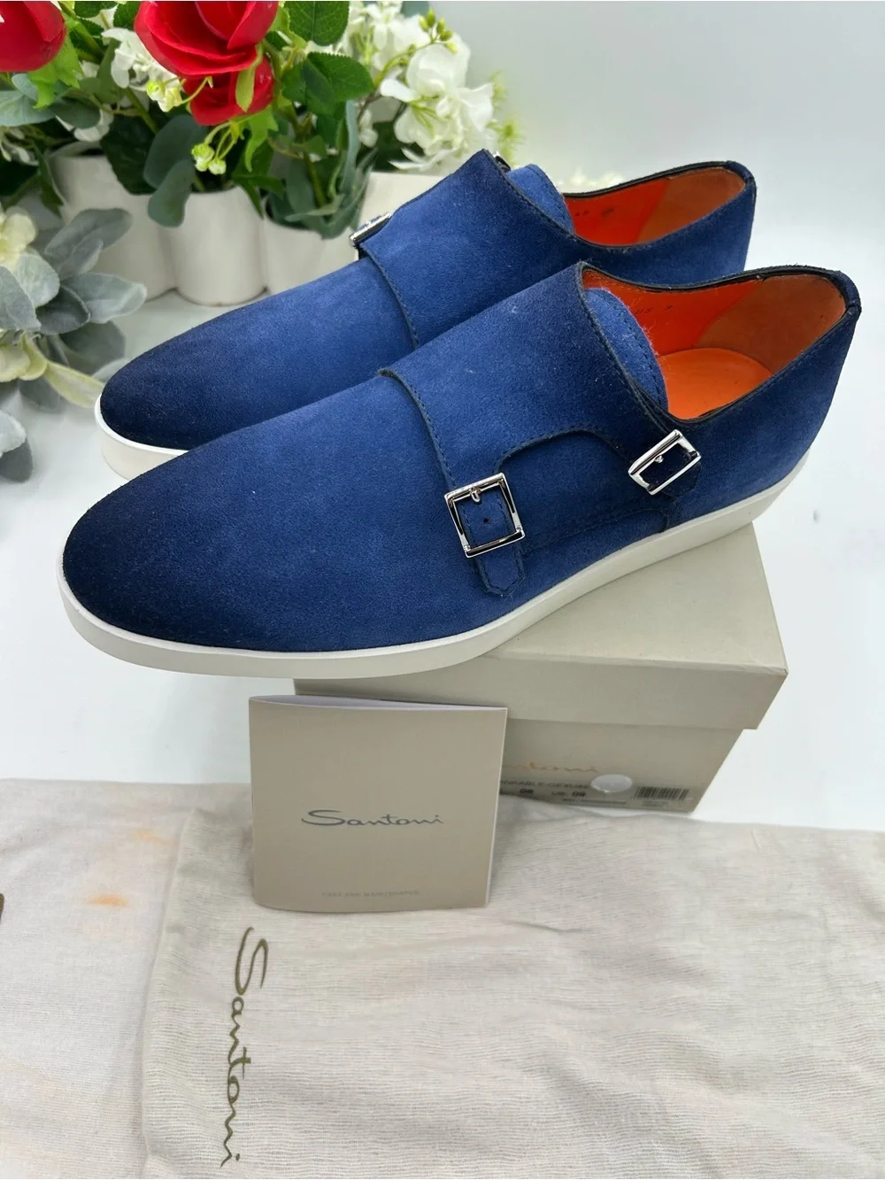 Men's Santoni blue suede Atlantis double Monk strap shoes size 9 US made Italy